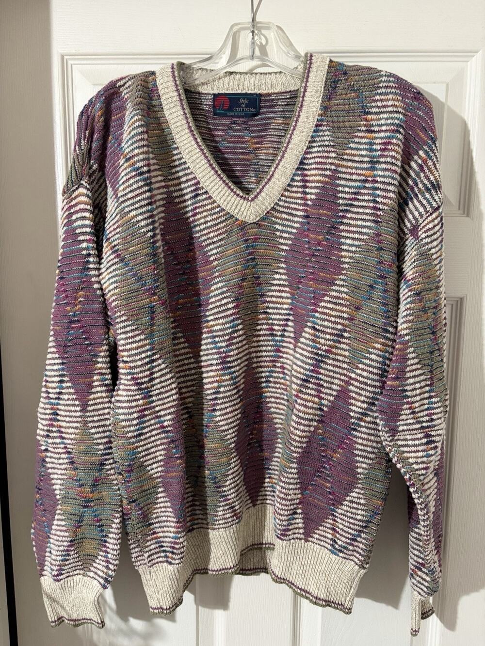 Vintage Isle Of Cotton Sweater Argyle Sz M Made In USA Knit